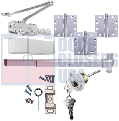 Entrance-Lite PB10 ADA Compliant Grade 1 Panic Hardware Kit 5 For 36 in. x 84 in. Commercial Door, Includes Rim Panic Bar, Rim Cylinder, Heavy Duty Door Closer, and 3 Ball Bearing NRP Hinges, Aluminum Finish