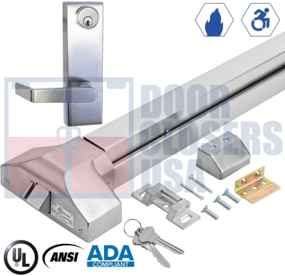 Entry Systems ES4 Fire Rated Rim Exit Device with HD Escutcheon Lever - Fits 40" to 48" Medium Stile Hollow Metal or Wood Fire Doors - Aluminum Finish - Schlage C Keyway, 2-3/4" Backset, 5/8" Stainless Steel Latch - Grade 1, UL Listed