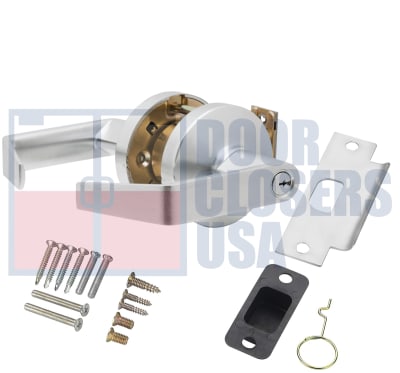 Falcon Grade 1 Heavy Duty Commercial Storeroom Door Lock, 3-1/2 in. Rose Trim, Key Cylinder On Outside, Plain Lever On Inside, Falcon G Keyway, 626 Satin Chrome Finish