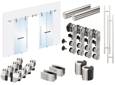 Commercial Surface Mount Frameless Glass Bi-Part Sliding Door Hardware Kit, Covers Up To 88 in. Width x 97 in. Height Walk Through Opening, Brushed Stainless Finish (Glass Not Included)