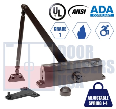 Global Door Controls TC2200 Adjustable Size 1â€“4 Door Closer - Grade 1 ADA Compliant, UL10C, Aluminum Alloy Body, Aluminum Finish (AL)