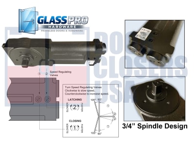FGD200 Series 31 to 41" Wide Frameless Glass Door Medium Spring Power, 90 Degree Full Open, No Hold Open Function, 3/4" Extended Spindle, Concealed Closer Body