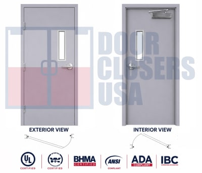 Exterior Hollow Metal Door & Frame Package with Narrow Lite Tempered Glass Window - 36" x 84" Commercial Steel Door, Left Hand Reverse