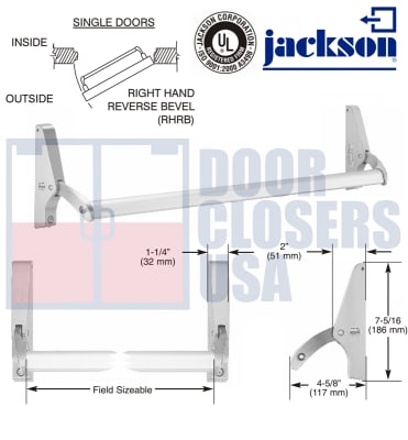 Jackson Cross Bar Rim Panic Exit Hardware With Dogging, For Single Door Applications Up To 48" Wide, Right Hand Reverse, Aluminum Finish