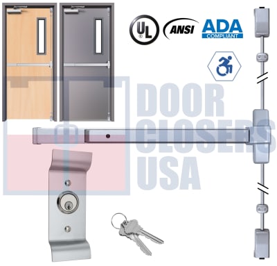 Phoenix Titan 44 Series Surface Vertical Rod Exit Device W/ Outside Pull Handle and Lock Cylinder - Model 4427EO-36120-44BP-ALUM - For 28" To 36" Wide x 120" Tall Hollow Metal or Wood Doors - Aluminum Finish - Grade 1