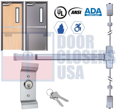 Phoenix Titan 44 Series Fire Rated Surface Vertical Rod Exit Device W/ Outside Pull Handle and Lock Cylinder - Model 4427EO-F-36108-44BP-ALUM - For 28" To 36" Wide x 108" Tall Hollow Metal or Wood Fire Doors - Aluminum Finish - Grade 1 - UL Listed