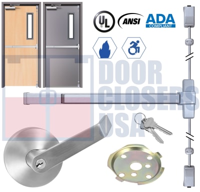 Phoenix Titan 44 Series Fire Rated Surface Vertical Rod Exit Device W/ Heavy Duty Escutcheon Lever - Model 4427EO-F-3696-44L-ALUM - For 28" To 36" Wide x 96" Tall Hollow Metal or Wood Fire Doors - Aluminum Finish - Grade 1 - UL Listed