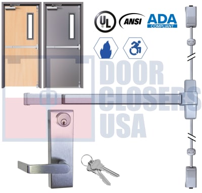 Phoenix Titan 44 Series Fire Rated Surface Vertical Rod Exit Device W/ Heavy Duty Escutcheon Lever - Model 4427EO-F-3696-44L-ALUM - For 28" To 36" Wide x 96" Tall Hollow Metal or Wood Fire Doors - Aluminum Finish - Grade 1 - UL Listed