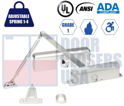 R7483 9-1/16 in. x 3/4 in. Adjustable Size 1-4 Door Closer with Full Cover - Grade 1 ADA Compliant, UL10C, Aluminum Alloy Body, Aluminum Finish (AL)