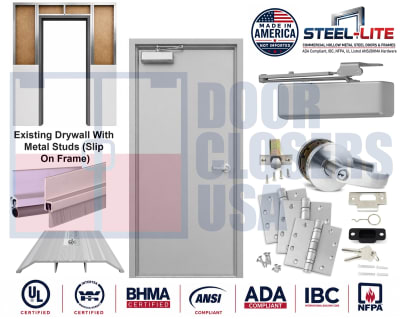 36" x 84" ADA Building Code Compliant 18 Gauge Steel Door, Left Hand, 16 Gauge Knock Down Frame For Existing Metal Stud Wall With Drywall, ANSI and BHMA Compliant Silver Hardware, Made In USA (3-4 Week Production)