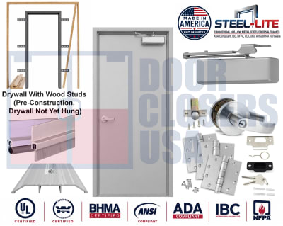 36" x 84" ADA Building Code Compliant 18 Gauge Steel Door, Right Hand, 16 Gauge Knock Down Frame For Pre-Construction Wood Stud Wall (Drywall Not Yet Hung), ANSI and BHMA Compliant Silver Hardware, Made In USA (3-4 Week Production)