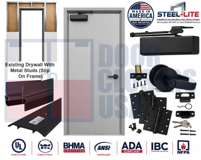 36" x 84" ADA Building Code Compliant 18 Gauge Steel Door, Left Hand, 16 Gauge Knock Down Frame For Existing Metal Stud Wall With Drywall, ANSI and BHMA Compliant Black Hardware, Made In USA (3-4 Week Production)
