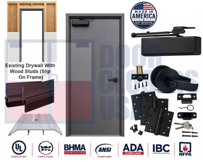 36" x 84" ADA Building Code Compliant 18 Gauge Steel Door, Left Hand, 16 Gauge Knock Down Frame For Existing Wood Stud Wall With Drywall, ANSI and BHMA Compliant Black Hardware, Made In USA (3-4 Week Production)