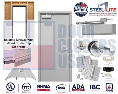 36" x 84" ADA Building Code Compliant 18 Gauge Steel Door, Left Hand, 16 Gauge Knock Down Frame For Existing Wood Stud Wall With Drywall, ANSI and BHMA Compliant Silver Hardware, Made In USA (3-4 Week Production)