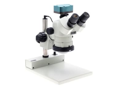 Aven 26800B-323 - Microscopio Trinocular Con Zoom Estéreo DSZV-44 [10x-44x] En Soporte De Poste Con Luz LED Integrada Y Cámara USB De 5 M