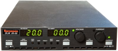 Sorensen DLM20-30 - Fuente de poder de CD programable de 600W, rango de voltaje de 0-20 volts, rango de corriente de 0-30 amperes