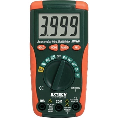 Extech MN16A - Minimultímetro Digital de Determinación Automática del Intervalo Compacto con 11 Funciones, Incluida la Temperatura
