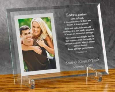 "Love is Patient" Engraved Beveled Glass Picture Frame Photo