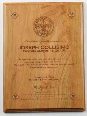 Scout Leader Award made of solid cherry and engraved with custom recognition details