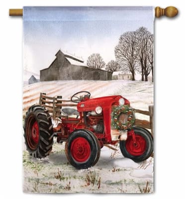 Winter Red Tractor Decorative House Flag