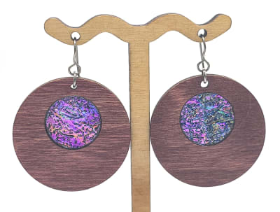 18g Earrings - Celestial Pink Dichro Inlay - Circle - Mahogany