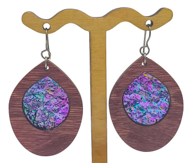 18g Earrings - Celestial Pink Dichro Inlay - Phat Teardrop - Mahogany