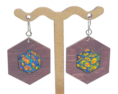 18g Earrings - Fire Starter Dichro Inlay - Hex - Mahogany