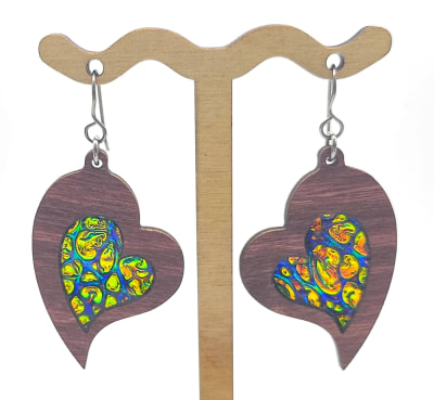 18g Earrings - Fire Starter Dichro Inlay - Heart - Mahogany