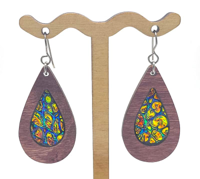 18g Earrings - Fire Starter Dichro Inlay - Teardrop - Mahogany