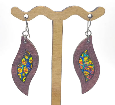 18g Earrings - Fire Starter Dichro Inlay - Wave - Mahogany