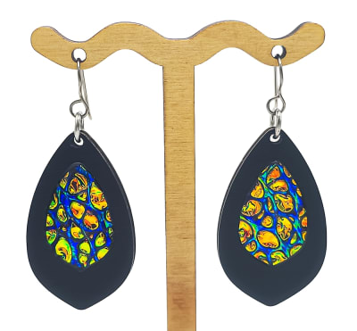 18g Earrings - Fire Starter Dichro Inlay - Pointed Teardrop - Slate