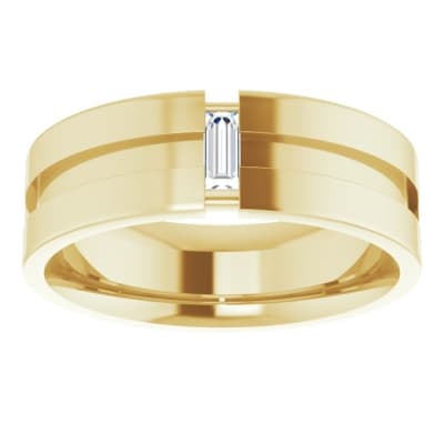 This unique men's wedding band features an elegant groove with a single baguette cut diamond.