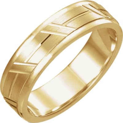 A 14k gold men's wedding band with grooves.