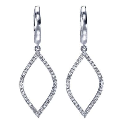 This fresh pair of hanging diamond earrings is set with over one third carats of round brilliant diamonds and a touch of the haute look.