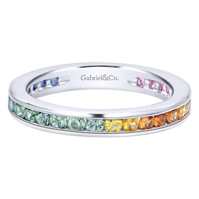 Rainbow stones stack in this 14k white gold ring.