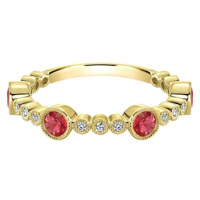 14k yellow gold ruby and diamond stackable ring.