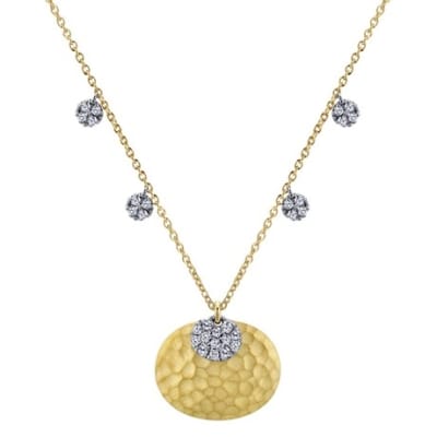This hammered two tone diamond necklace with over one quarter carats of round diamonds features a bold and naturally inspired look.