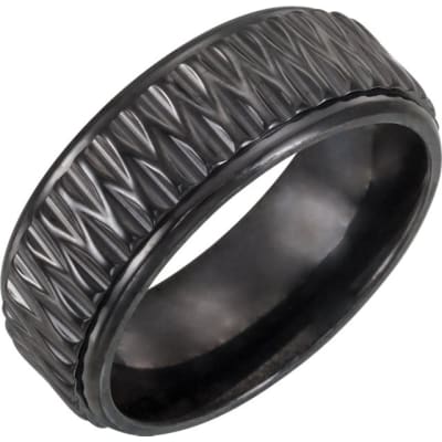 This black titanium men's wedding band is 8 mm wide.