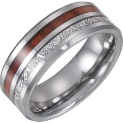 Tungsten and Meteorite Inlay with wood wedding band.