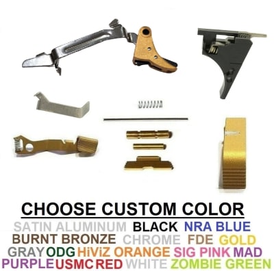 Lower Parts Kit For G43 Polymer80 - PF9SS 43 and SS80 With Upgraded Trigger Assembly, Upgraded Trigger  Connector and Extended Controls, Cerakote, Chrome, TiN Gold