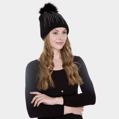 STONE DETAIL FAUX FUR POM POM BEANIE HAT
