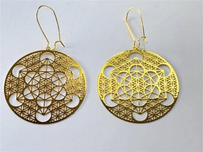ER-298 Metatron Flower of Life 18k Gold plated 2" earrings