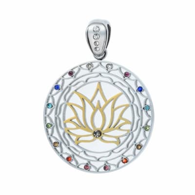SGLFP-Gem-01 Silver and Gold Plated Stainless Steel Lotus Flower Pendant with Multi-colored Gemstones