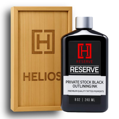 Bottle of Helios Reserve Black tattoo ink â€“ professional black ink for lining, shading, and solid fills