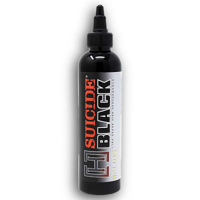 Bottle of Helios Suicide Black tattoo ink â€“ ultra-dark, thick black ink for bold saturation and solid fills