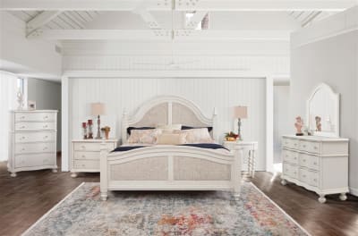 Rodanthe Panel 6 Piece Bedroom Set in Dove White with Rub-Through Finish by American Woodcrafters - AME-3910-QPNPN-4PC