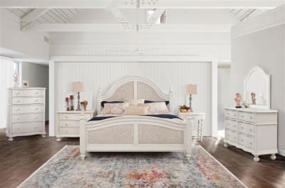 Rodanthe 6 Piece Bedroom Set in Dove White with Rub-Through Finish by American Woodcrafters - AME-3910-QWOWO-4PC
