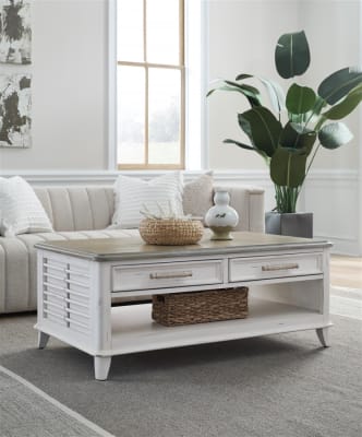 Beach Comber Cocktail Table in Weathered White with Brown Top Finish by American Woodcrafters - AME-8510-530