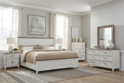 Beach Comber 6 Piece Bedroom Set in Weathered White with Brown Top Finish by American Woodcrafters - AME-8510-QPAN-4PC