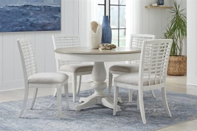 Beach Comber Round Table 5 Piece Dining Set in Weathered White Finish by American Woodcrafters - AME-D-8510-REG-5PC